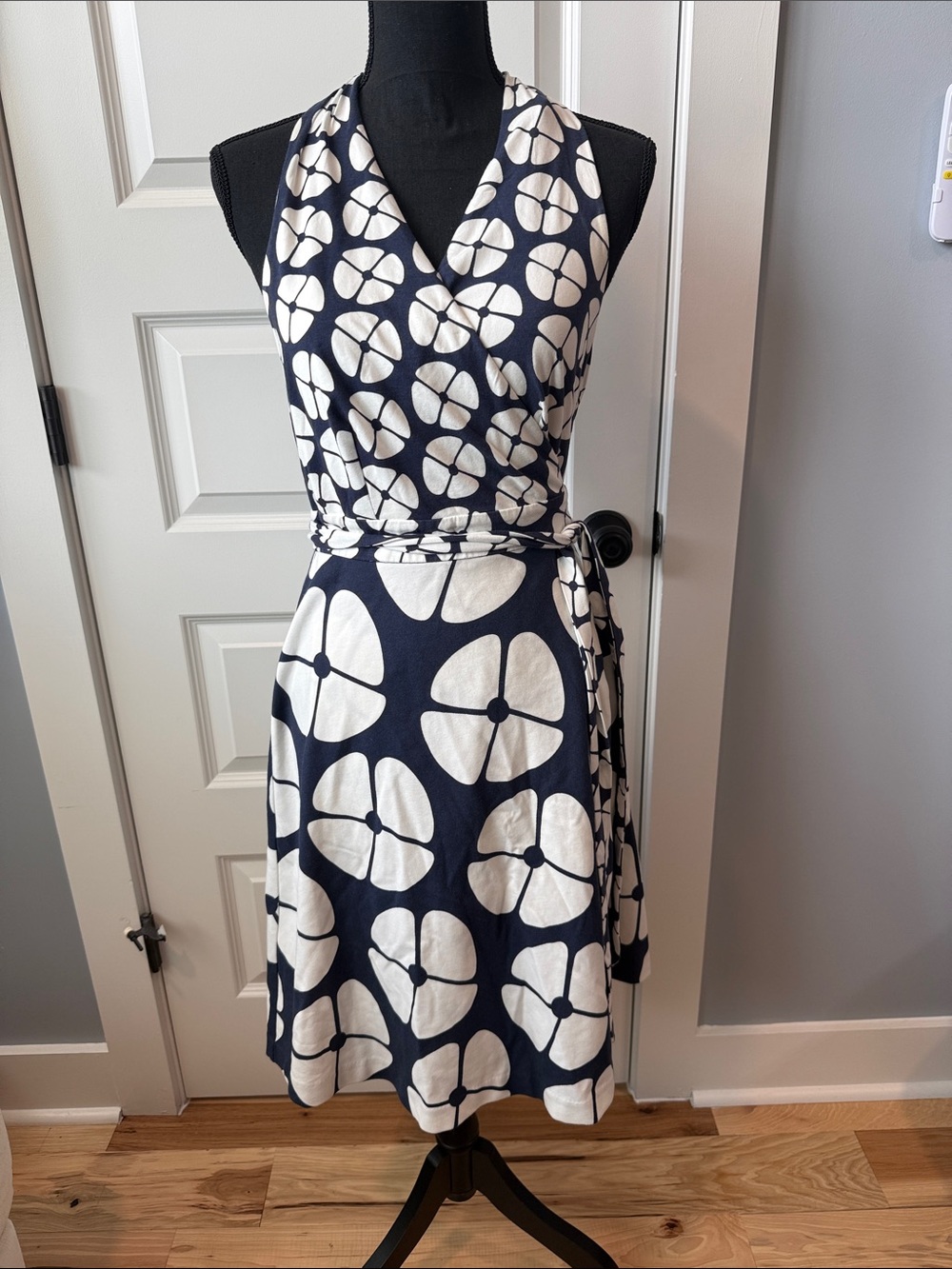 Boden Navy and White Floral Wrap Midi Dress